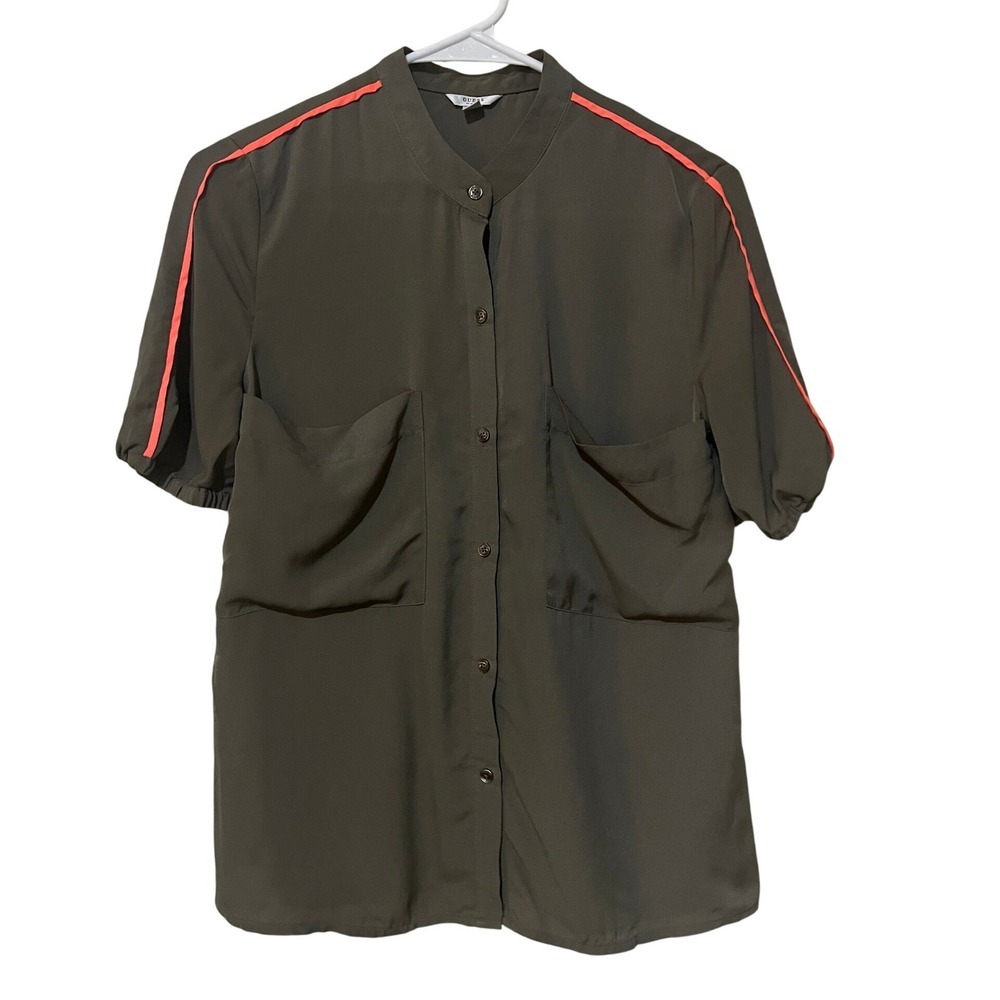 Guess Los Angeles Olive Green Neon Coral Stripe Utility Blouse XS (1031)